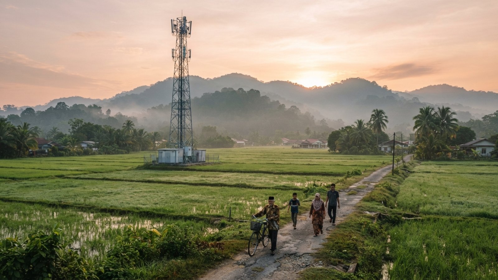Menara telekomunikasi di tengah sawah padi ketika matahari terbit