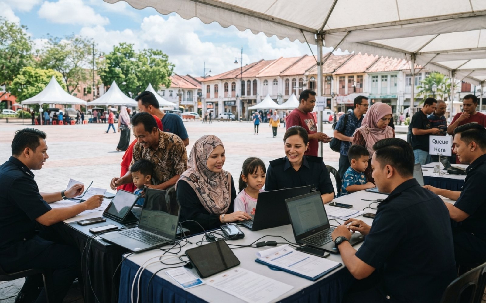 Pegawai menerangkan pendaftaran identiti digital kepada keluarga di khemah komuniti