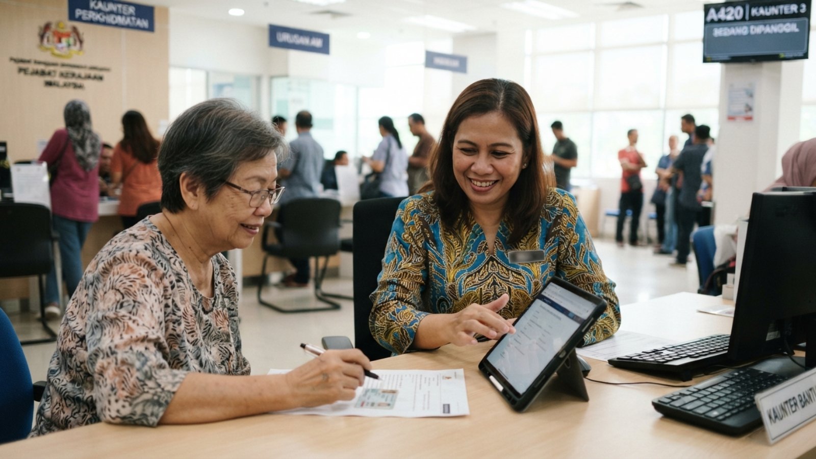 Kaunter bantuan digital dengan pegawai membantu orang awam menggunakan tablet